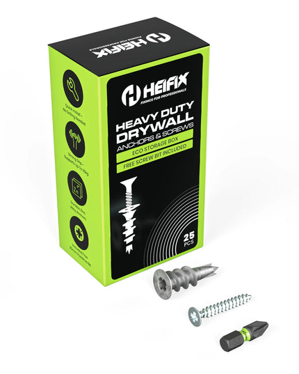 HEFIX heavy-duty drywall anchors and screws packaging with sample anchors - Heifix