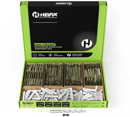320 Piece Wall Plug & Screw Set (Eco Storage Box) – Free 6mm Masonry Drill Bit + PZ2 Bit – Heifix