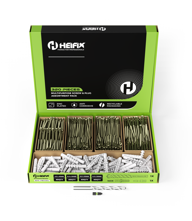Heifix 320pcs Wall Plug and Screw Set In Eco Storage Box - FREE 6mm Masonry Drill Bit and PZ2 Bit