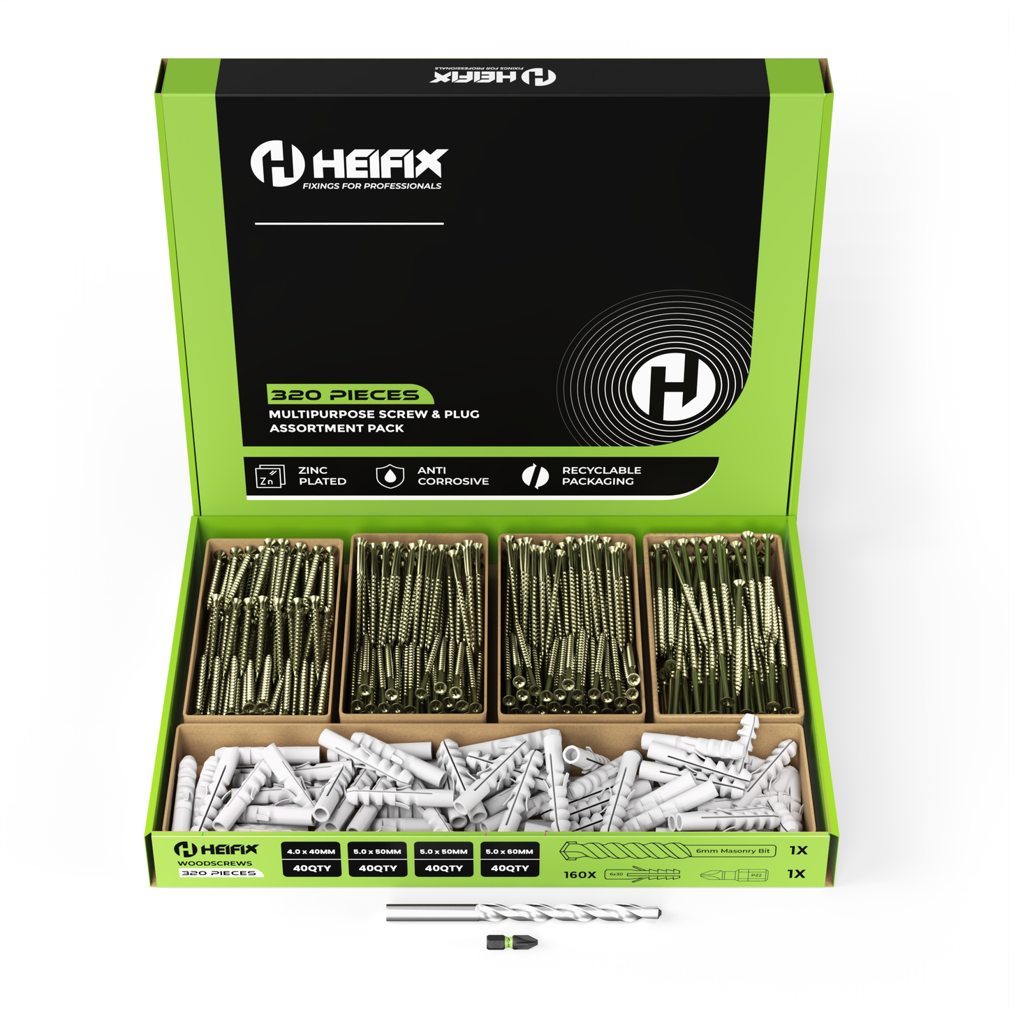 Heifix 320pcs Wall Plug and Screw Set In Eco Storage Box - FREE 6mm Masonry Drill Bit and PZ2 Bit - Assorted Sizes for Masonry and Wood, Ideal for DIY and Home Project