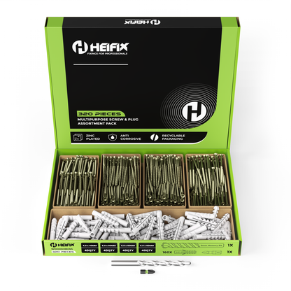 Heifix 320pcs Wall Plug and Screw Set In Eco Storage Box - FREE 6mm Masonry Drill Bit and PZ2 Bit - Assorted Sizes for Masonry and Wood, Ideal for DIY and Home Project