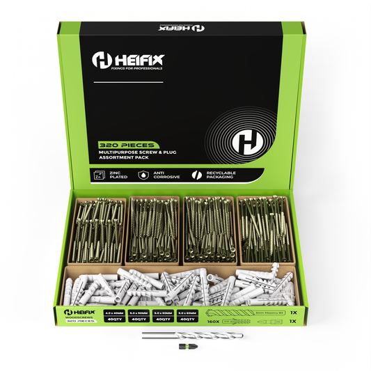 Heifix 320pcs Wall Plug and Screw Set In Eco Storage Box - FREE 6mm Masonry Drill Bit and PZ2 Bit - Assorted Sizes for Masonry and Wood, Ideal for DIY and Home Project