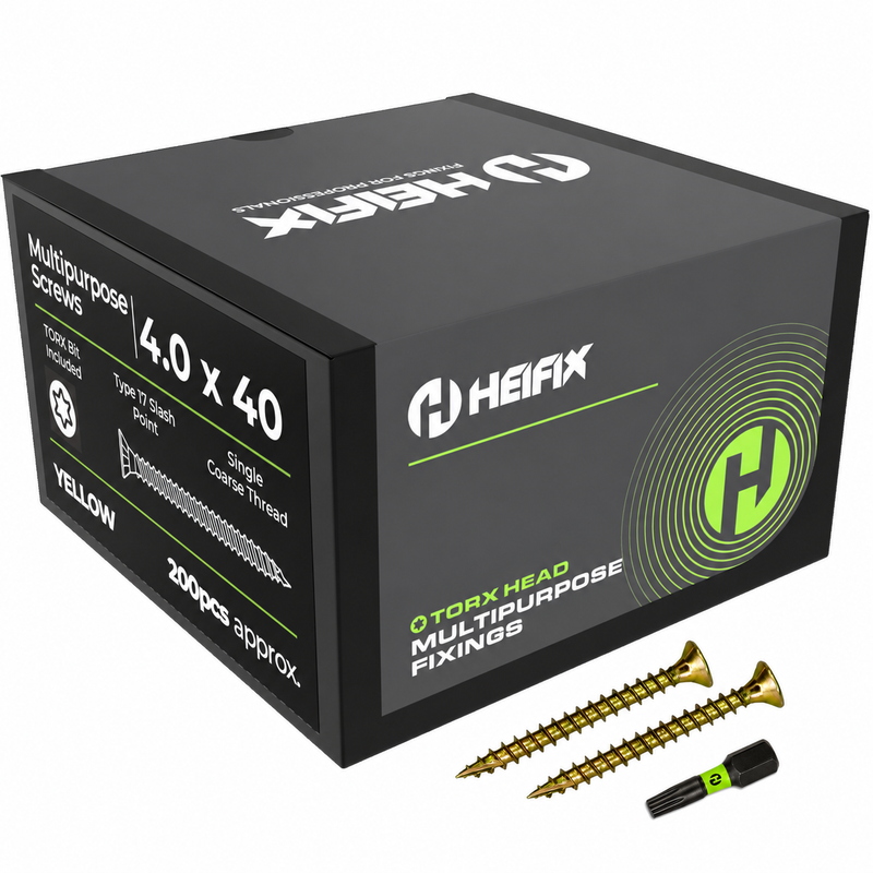 Multipurpose Wood Screws (TORX, Double Countersunk)‚ Free Screw Bit Included‚ Heifix – 200 / 4.0 x 40mm