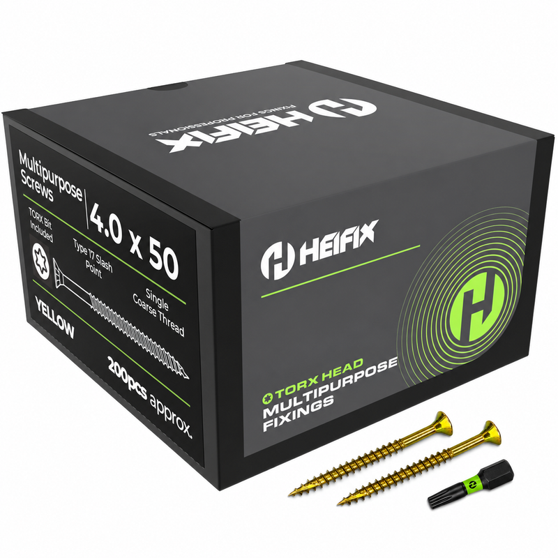 Multipurpose Wood Screws (TORX, Double Countersunk)‚ Free Screw Bit Included‚ Heifix – 200 / 4.0 x 50mm
