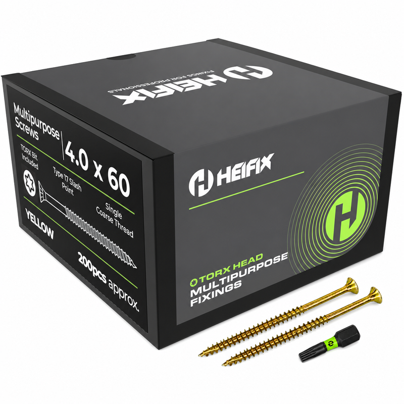 Multipurpose Wood Screws (TORX, Double Countersunk)‚ Free Screw Bit Included‚ Heifix – 200 / 4.0 x 60mm