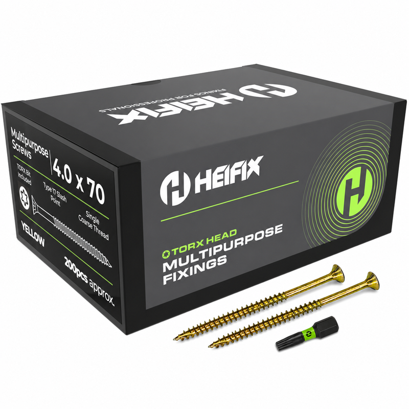Multipurpose Wood Screws (TORX, Double Countersunk)‚ Free Screw Bit Included‚ Heifix – 200 / 4.0 x 70mm
