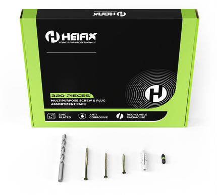 320 Piece Wall Plug & Screw Set (Eco Storage Box) – Free 6mm Masonry Drill Bit + PZ2 Bit – Heifix