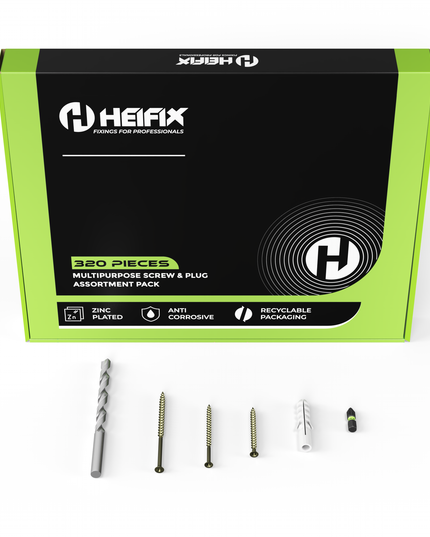 320 Piece Wall Plug & Screw Set (Eco Storage Box) – Free 6mm Masonry Drill Bit + PZ2 Bit – Heifix