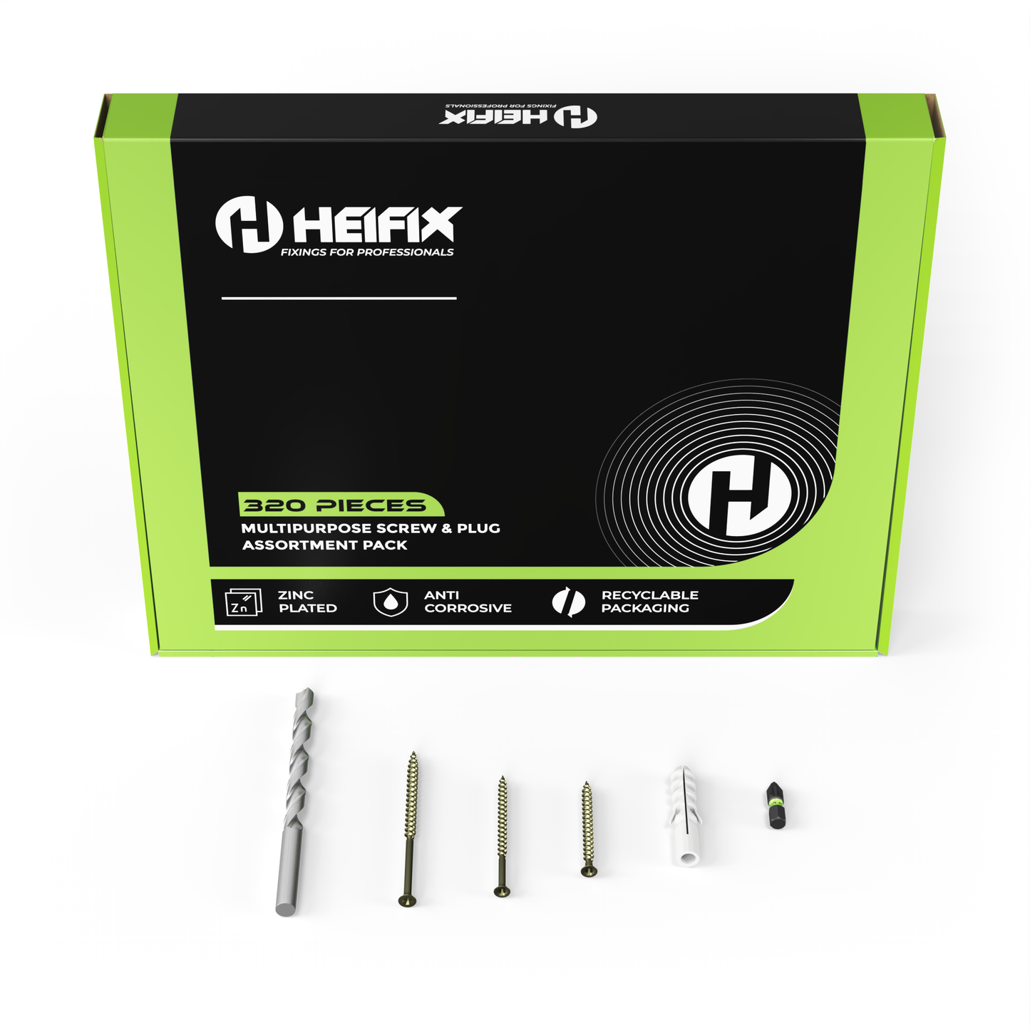Heifix 320pcs Wall Plug and Screw Set In Eco Storage Box - FREE 6mm Masonry Drill Bit and PZ2 Bit - Assorted Sizes for Masonry and Wood, Ideal for DIY and Home Project