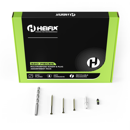 Heifix 320pcs Wall Plug and Screw Set In Eco Storage Box - FREE 6mm Masonry Drill Bit and PZ2 Bit - Assorted Sizes for Masonry and Wood, Ideal for DIY and Home Project