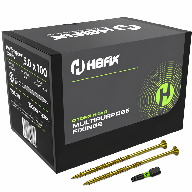 Multipurpose Wood Screws (TORX, Double Countersunk)‚ Free Screw Bit Included‚ Heifix – 200 / 5.0 x 100mm