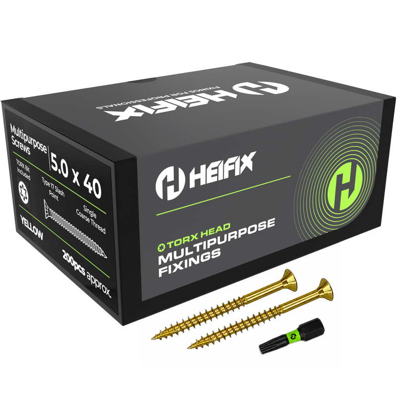 Multipurpose Wood Screws (TORX Double Countersunk) - Free Screw Bit Included - Heifix – 200 / 5.0 x 40mm