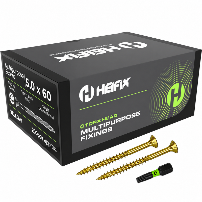 Multipurpose Wood Screws (TORX, Double Countersunk)‚ Free Screw Bit Included‚ Heifix – 200 / 5.0 x 50mm