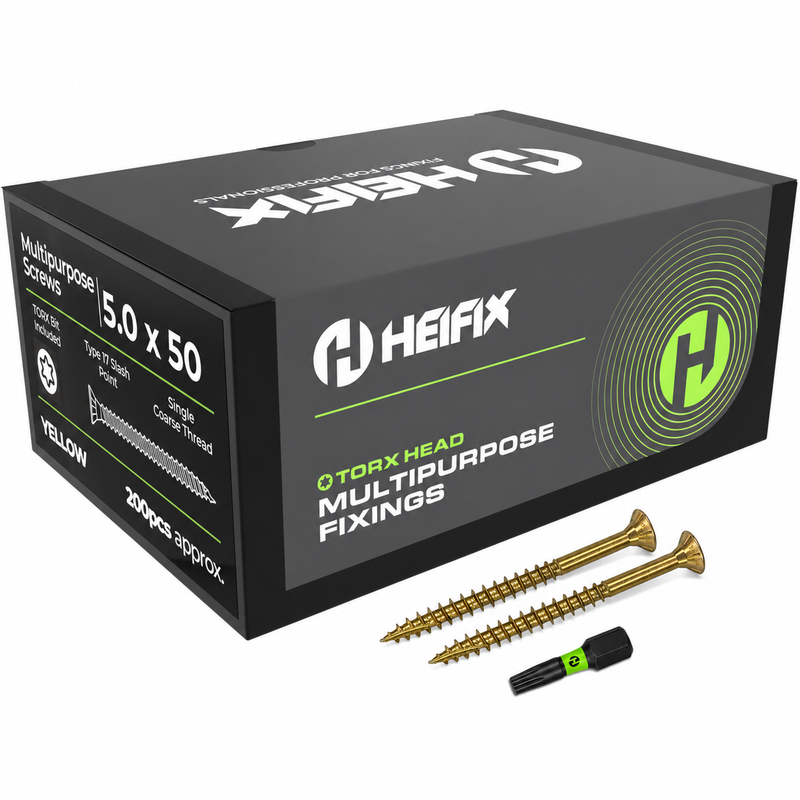 Multipurpose Wood Screws (TORX, Double Countersunk)‚ Free Screw Bit Included‚ Heifix – 200 / 5.0 x 60mm