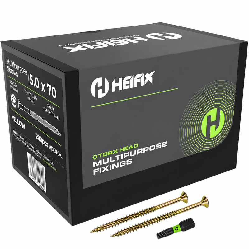 Multipurpose Wood Screws (TORX, Double Countersunk)‚ Free Screw Bit Included‚ Heifix – 200 / 5.0 x 70mm