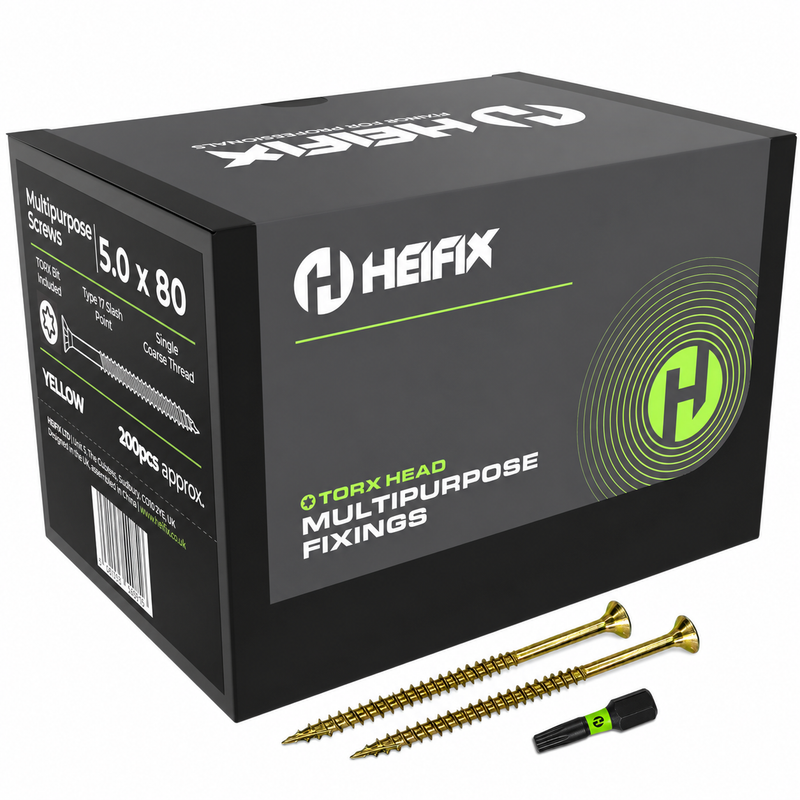 Multipurpose Wood Screws (TORX, Double Countersunk)‚ Free Screw Bit Included‚ Heifix – 200 / 5.0 x 80mm
