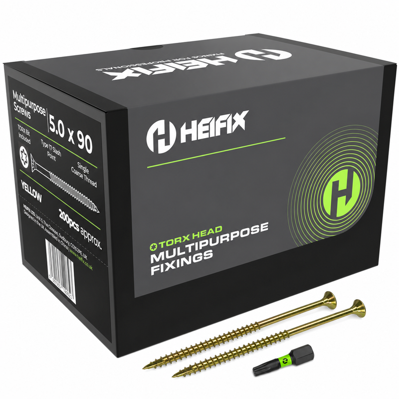 Multipurpose Wood Screws (TORX, Double Countersunk)‚ Free Screw Bit Included‚ Heifix – 200 / 5.0 x 90mm