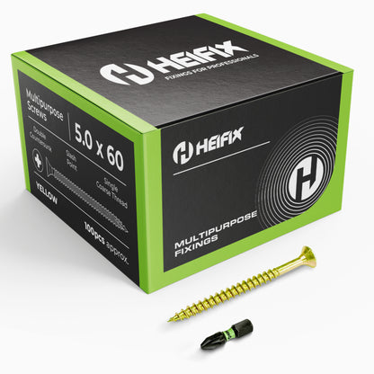 Heifix Multi-Purpose Wood Screws 5.0 x 60mm - FREE 25mm PZ2 Bit Included