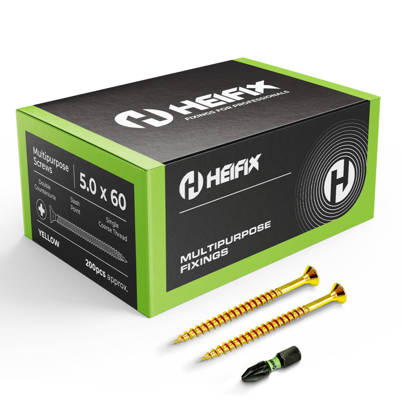 Multipurpose Wood Screws (Pozi, Double Countersunk) – Free Screw Bit Included – Heifix – 1000 / 5.0 x 60mm