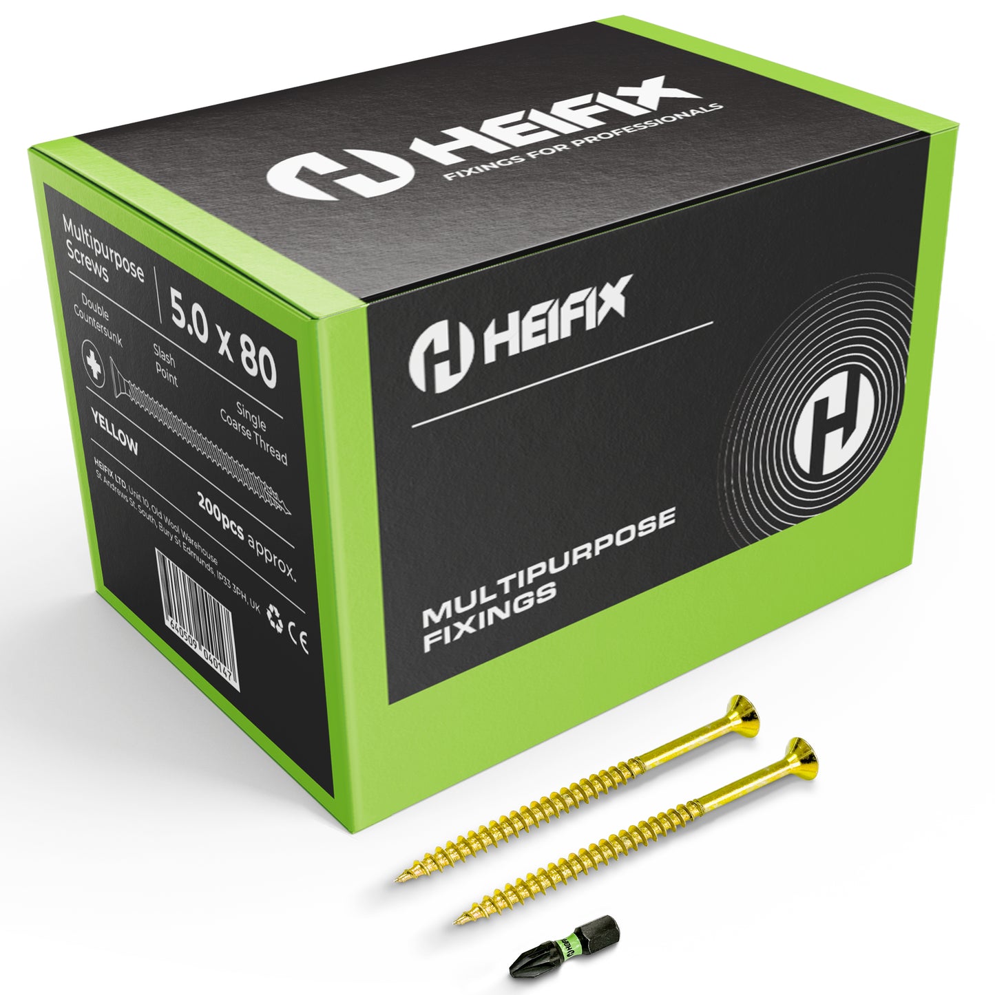 Heifix Multi-Purpose Wood Screws 5.0 x 80mm - FREE 25mm PZ2 Bit Included