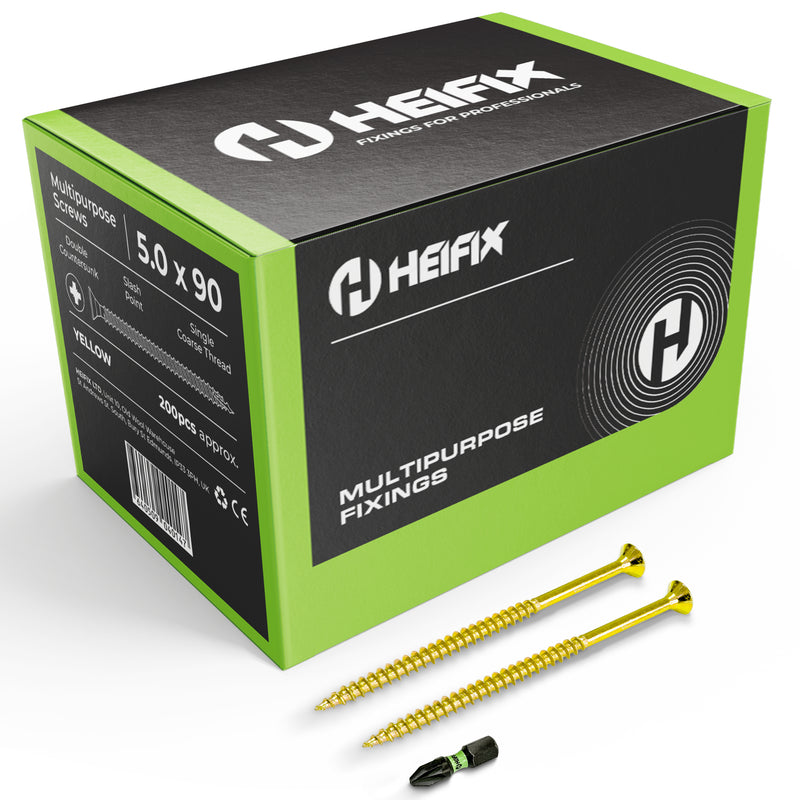 Multipurpose Wood Screws (Pozi, Double Countersunk) – Free Screw Bit Included – Heifix – 1000 / 5.0 x 90mm
