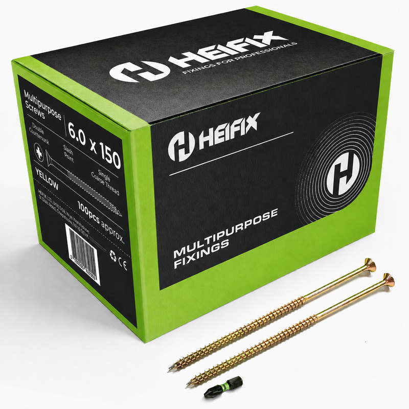 Multipurpose Wood Screws (Pozi, Double Countersunk)‚ Free Screw Bit Included‚ Heifix – 100 / 6.0 x 150mm