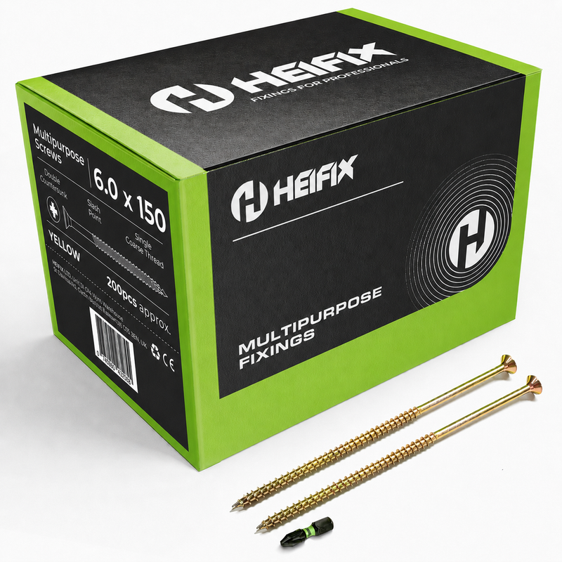 Multipurpose Wood Screws (Pozi, Double Countersunk)‚ Free Screw Bit Included‚ Heifix – 200 / 6.0 x 150mm