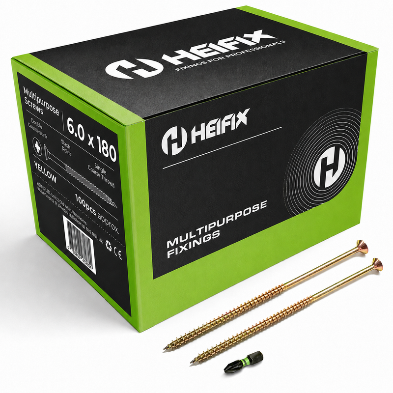 Multipurpose Wood Screws (Pozi, Double Countersunk)‚ Free Screw Bit Included‚ Heifix – 100 / 6.0 x 180mm