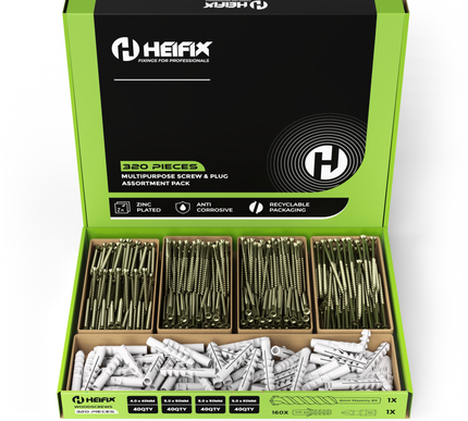 320 Piece Wall Plug & Screw Set (Eco Storage Box) – Free 6mm Masonry Drill Bit + PZ2 Bit – Heifix