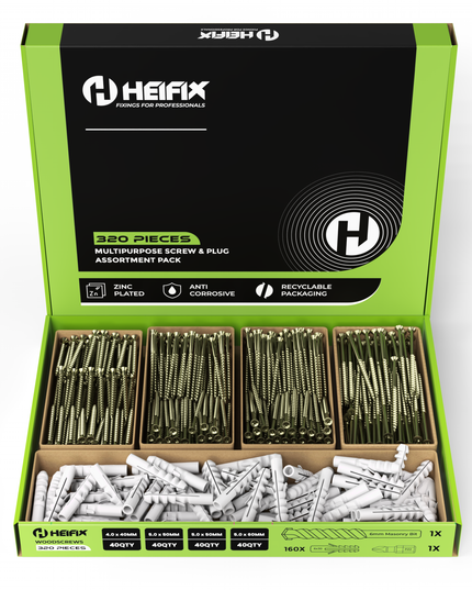 320 Piece Wall Plug & Screw Set (Eco Storage Box) – Free 6mm Masonry Drill Bit + PZ2 Bit – Heifix