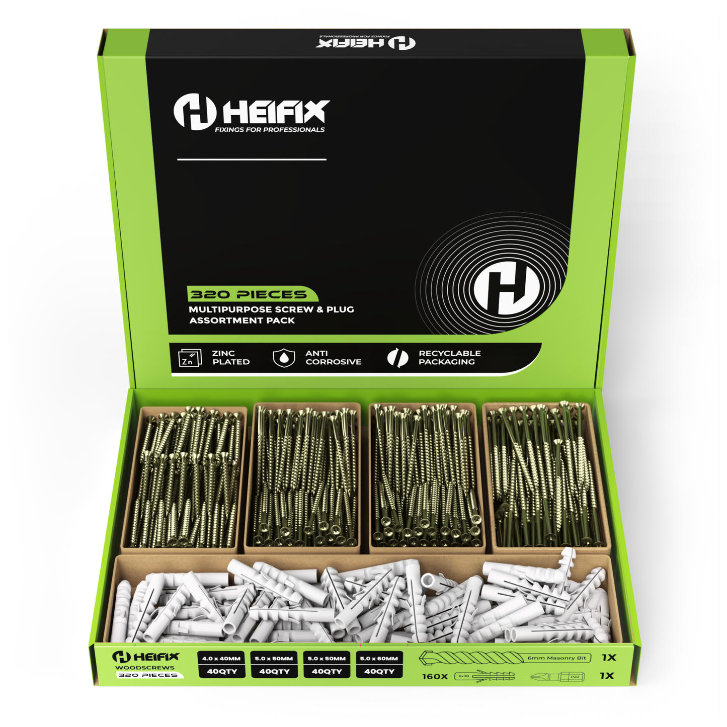 Heifix 320pcs Wall Plug and Screw Set In Eco Storage Box - FREE 6mm Masonry Drill Bit and PZ2 Bit - Assorted Sizes for Masonry and Wood, Ideal for DIY and Home Project