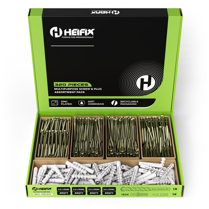 Heifix 320pcs Wall Plug and Screw Set In Eco Storage Box - FREE 6mm Masonry Drill Bit and PZ2 Bit - Assorted Sizes for Masonry and Wood, Ideal for DIY and Home Project