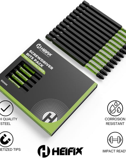 90mm PH2 Impact Long Screwdriver Bit Set (Magnetic) – Eco Storage Box – Heifix