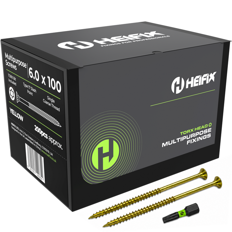 Multipurpose Wood Screws (TORX Double Countersunk) - Free Screw Bit Included - Heifix – 200 / 6.0 x 100mm