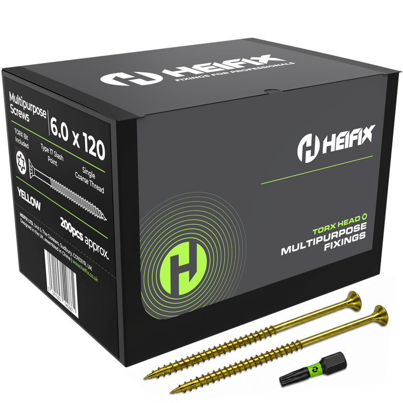 Multipurpose Wood Screws (TORX Double Countersunk) - Free Screw Bit Included - Heifix – 200 / 6.0 x 120mm