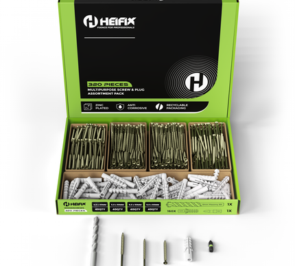 320 Piece Wall Plug & Screw Set (Eco Storage Box) – Free 6mm Masonry Drill Bit + PZ2 Bit – Heifix