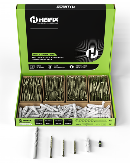 320 Piece Wall Plug & Screw Set (Eco Storage Box) – Free 6mm Masonry Drill Bit + PZ2 Bit – Heifix