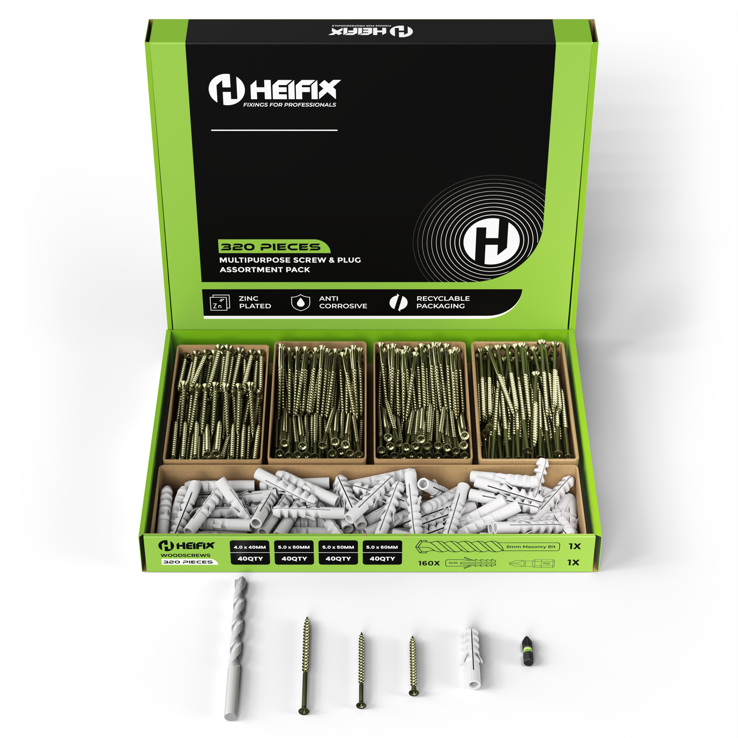 Heifix 320pcs Wall Plug and Screw Set In Eco Storage Box - FREE 6mm Masonry Drill Bit and PZ2 Bit - Assorted Sizes for Masonry and Wood, Ideal for DIY and Home Project