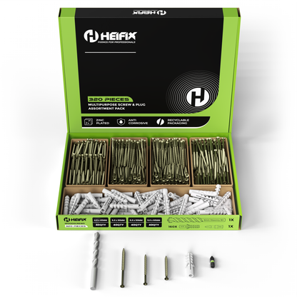 Heifix 320pcs Wall Plug and Screw Set In Eco Storage Box - FREE 6mm Masonry Drill Bit and PZ2 Bit - Assorted Sizes for Masonry and Wood, Ideal for DIY and Home Project