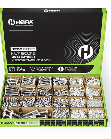 1200 Piece Nut, Bolt & Washer Set In Eco Storage Box - FREE Screw Bit Included - Zinc Plated Metric Fixings Assortment (M3 M4 M5 M6) Phillips Head Bolts