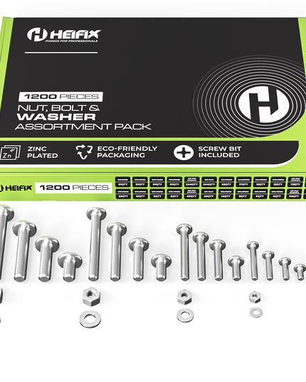 1200 Piece Nut, Bolt & Washer Set In Eco Storage Box - FREE Screw Bit Included - Zinc Plated Metric Fixings Assortment (M3 M4 M5 M6) Phillips Head Bolts