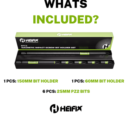 8 Piece Magnetic Bit Holder Set – 150mm & 60mm Impact Holders + 6 x 25mm PZ2 Bits – Heifix