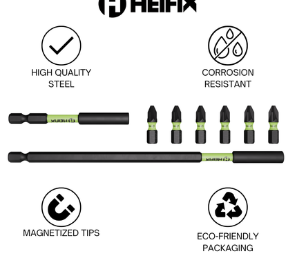 8 Piece Magnetic Bit Holder Set – 150mm & 60mm Impact Holders + 6 x 25mm PZ2 Bits – Heifix