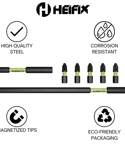 8 Piece Magnetic Bit Holder Set – 150mm & 60mm Impact Holders + 6 x 25mm PZ2 Bits – Heifix