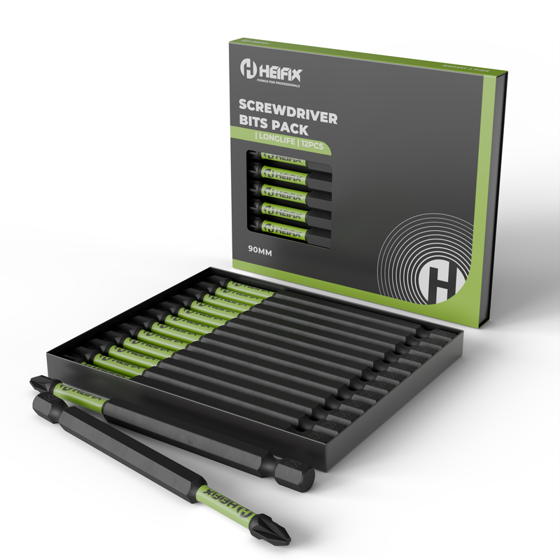 90mm PH2 Impact Long Screwdriver Bit Set (Magnetic) – Eco Storage Box – Heifix – 12 Pack