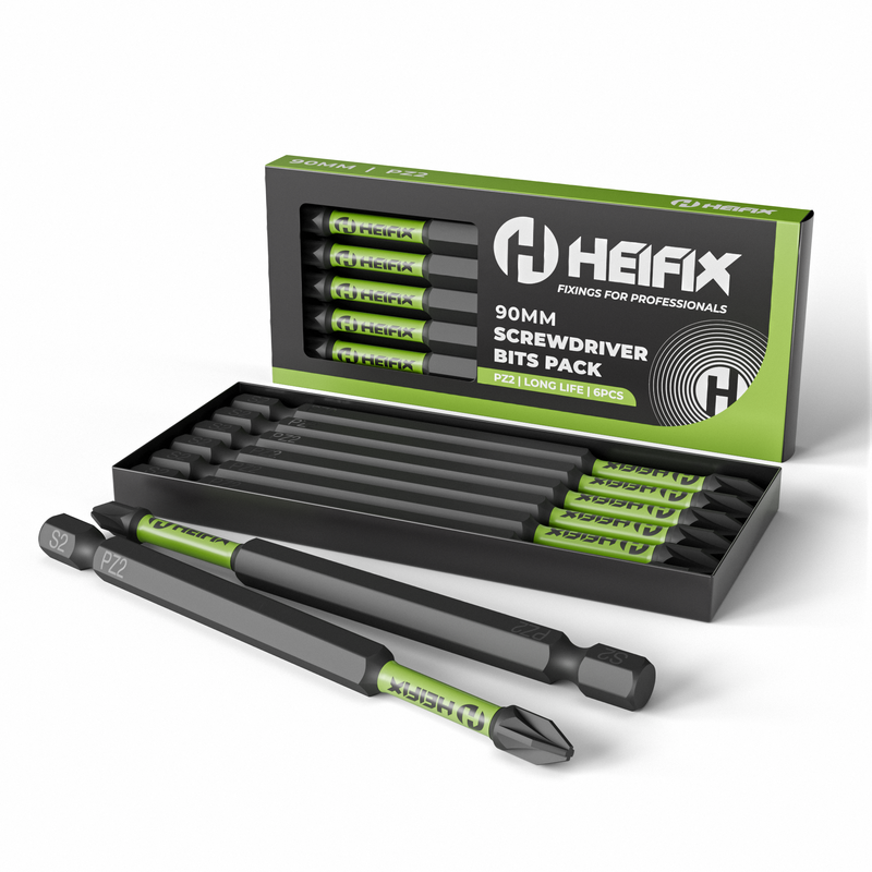 90mm PZ2 Impact Long Screwdriver Bit Set (Magnetic) – Eco Storage Box – Heifix – 6 Pack