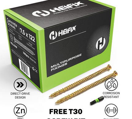 Concrete Screws (Carbon Steel, Zinc Plated) – Free T30 Torx Bit Included – Heifix