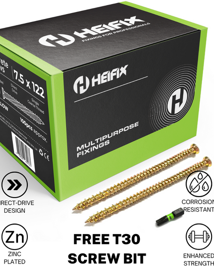 Concrete Screws (Carbon Steel, Zinc Plated) – Free T30 Torx Bit Included – Heifix