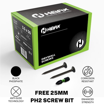 Heifix Drywall Plasterboard Screws - FREE PH2 Screw Bit Included - Black Phosphate Single Fine Thread