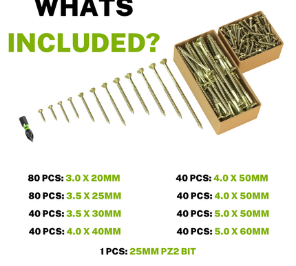 400 Piece Wood Screw Assortment Set (Eco Storage Box) – Free PZ2 Bit – Heifix
